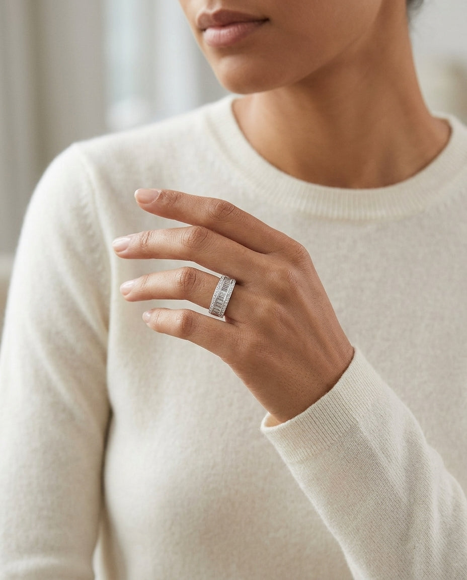 Diamond Channel Baguette Ring In 18k White Gold — editorial close-up
