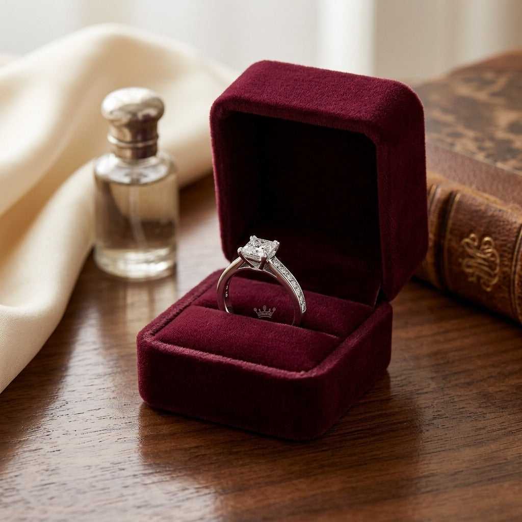 Diamond Princess Cut Center (0.69ct) Ring with Channel-Set Round Sides in 18k White Gold — velvet box