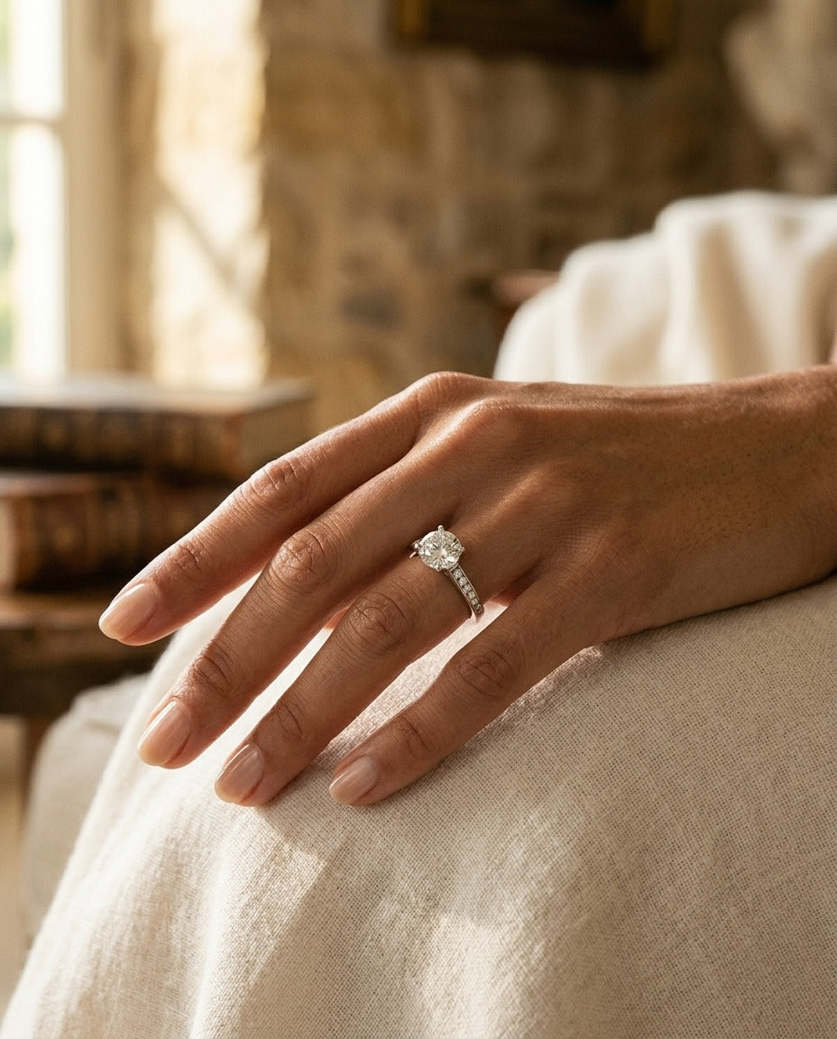 Diamond Slim Channel Engagement Ring In 18k White Gold — portrait close