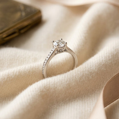 Diamond Slim Channel Engagement Ring In 18k White Gold — textile flat lay