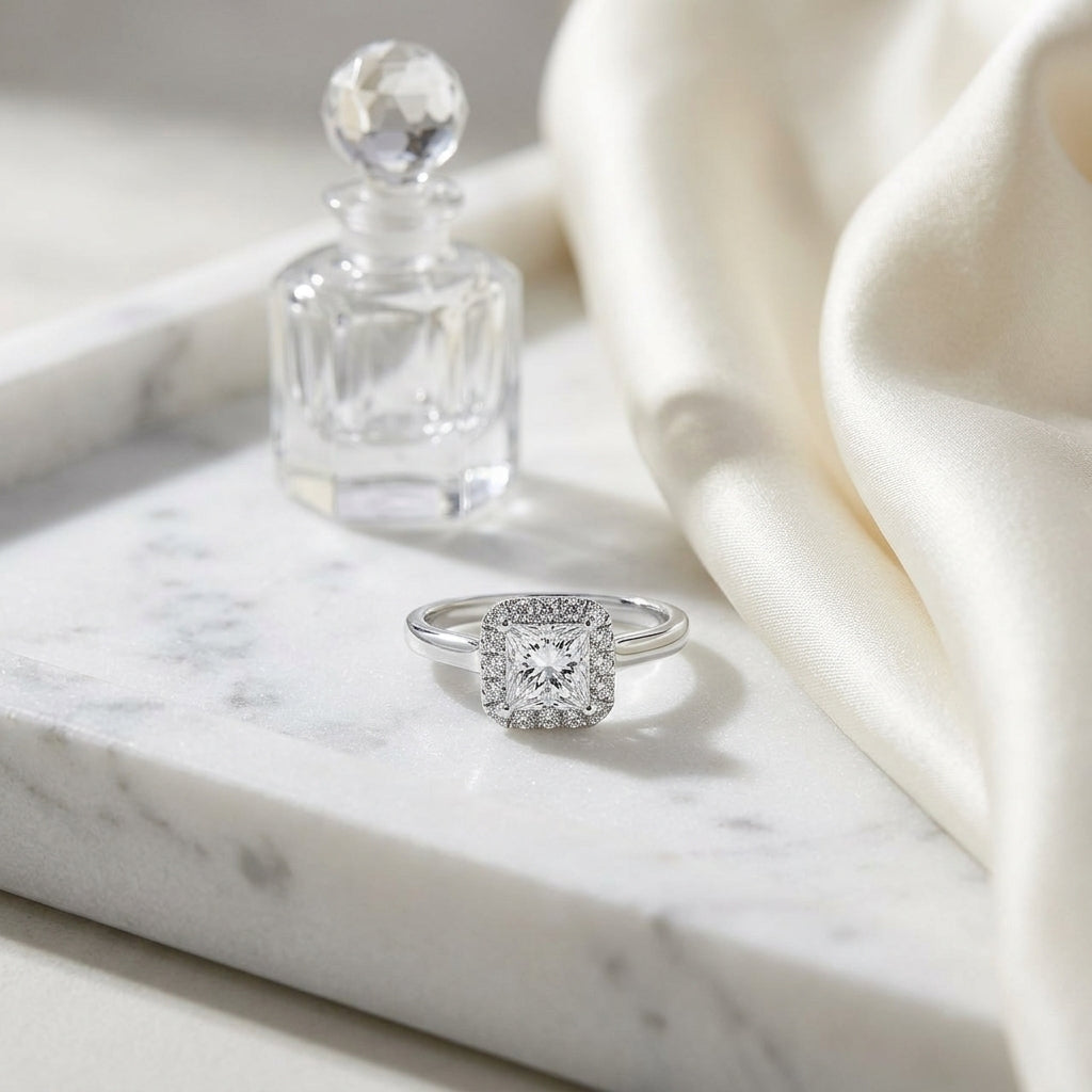 Diamond Princess Cut Halo Ring In 18k White Gold — atelier still life