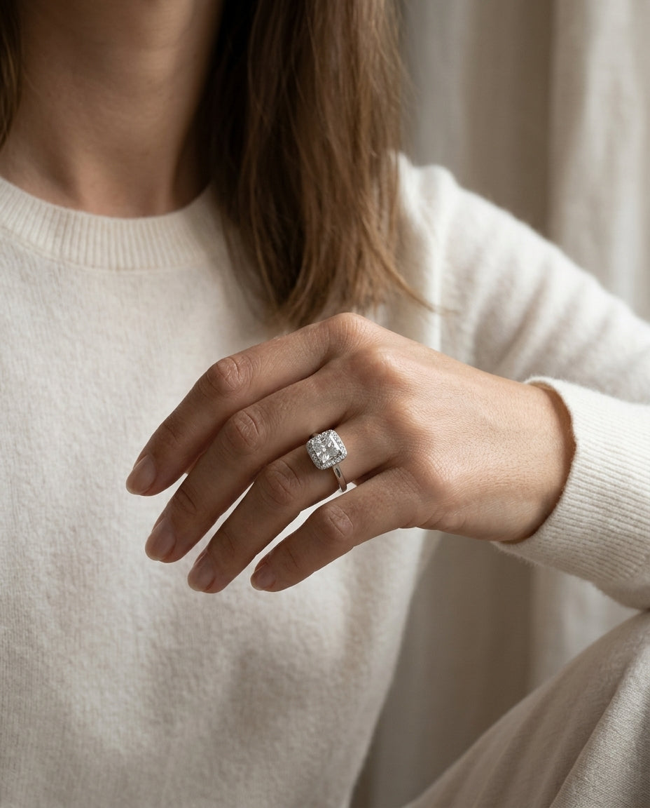 Diamond Princess Cut Halo Ring In 18k White Gold — editorial close-up