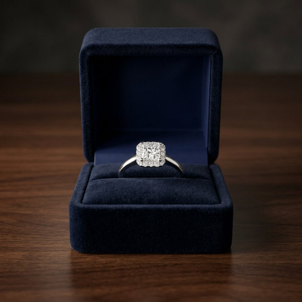 Diamond Princess Cut Halo Ring In 18k White Gold — gift presentation