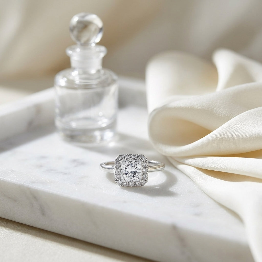 Diamond Princess Cut Halo Ring In 18k White Gold — atelier still life