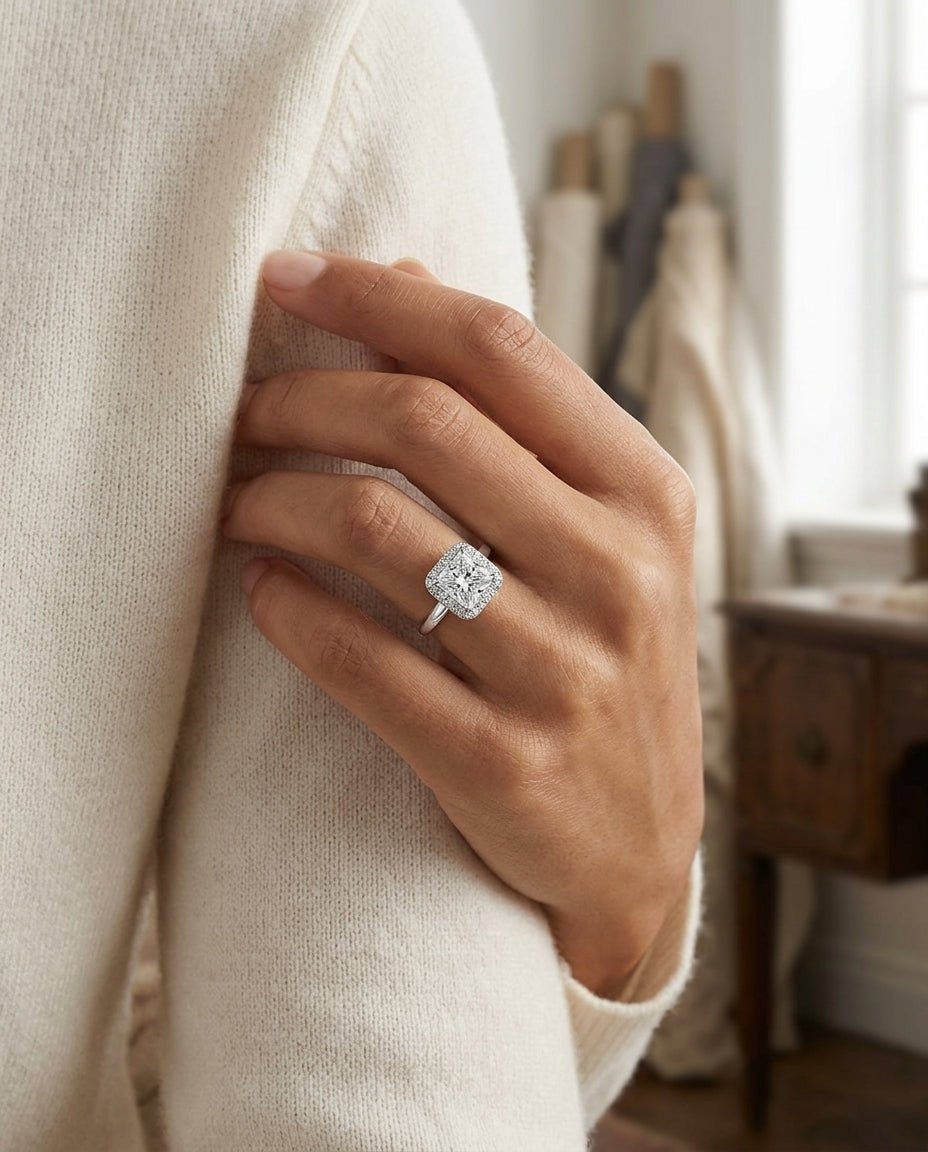 Diamond Princess Cut Halo Ring In 18k White Gold — editorial close-up