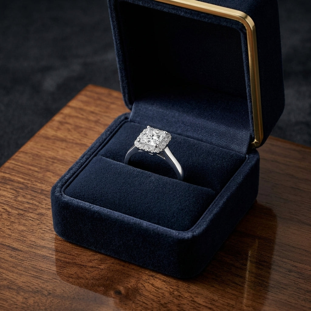 Diamond Princess Cut Halo Ring In 18k White Gold — gift presentation
