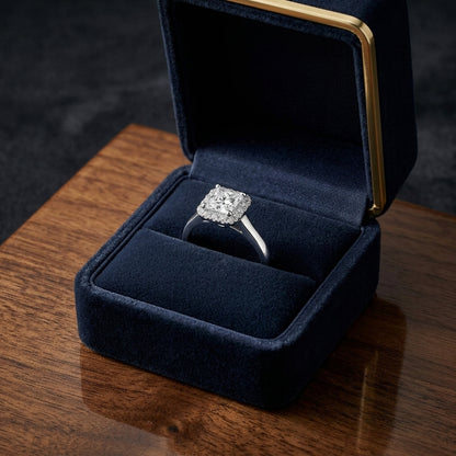 Diamond Princess Cut Halo Ring In 18k White Gold — gift presentation