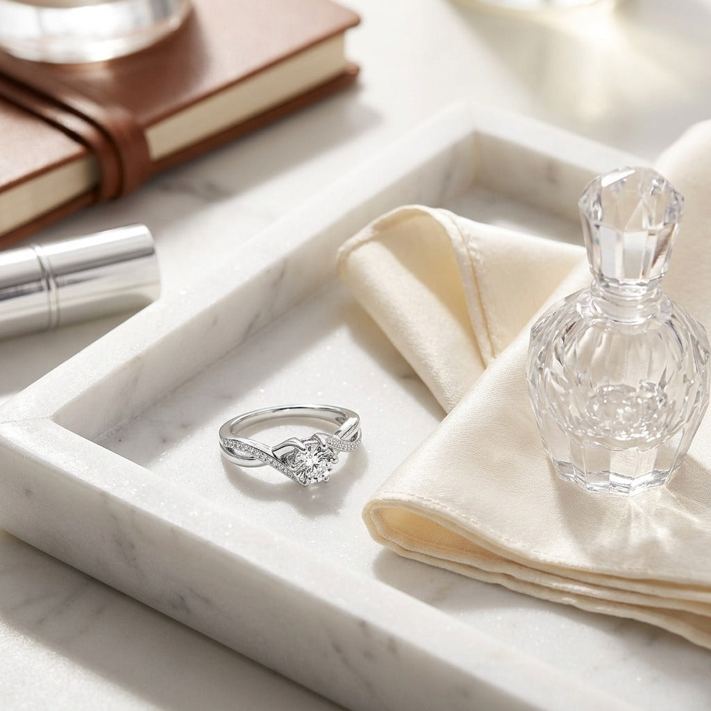 Ribbon Swirl Diamond Bridal Ring with 1/2ct Cz Set Center in 18k White Gold (5/8 Ct.tw.) — marble silk