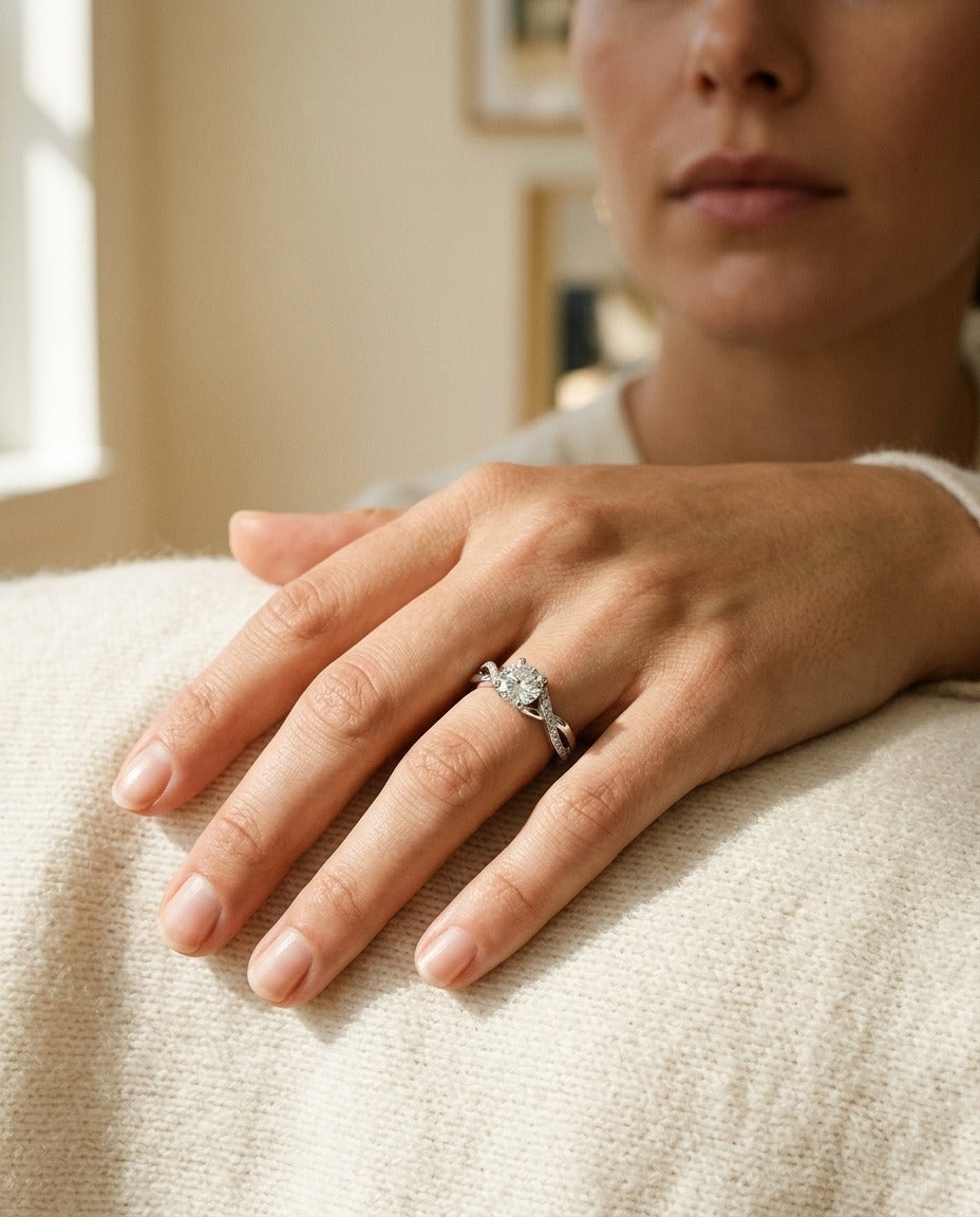 Ribbon Swirl Diamond Bridal Ring with 1/2ct Cz Set Center in 18k White Gold (5/8 Ct.tw.) — portrait close