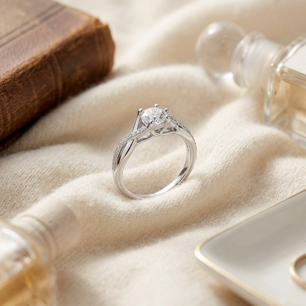 Ribbon Swirl Diamond Bridal Ring with 1/2ct Cz Set Center in 18k White Gold (5/8 Ct.tw.) — textile flat lay