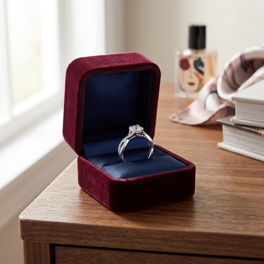 Ribbon Swirl Diamond Bridal Ring with 1/2ct Cz Set Center in 18k White Gold (5/8 Ct.tw.) — velvet box