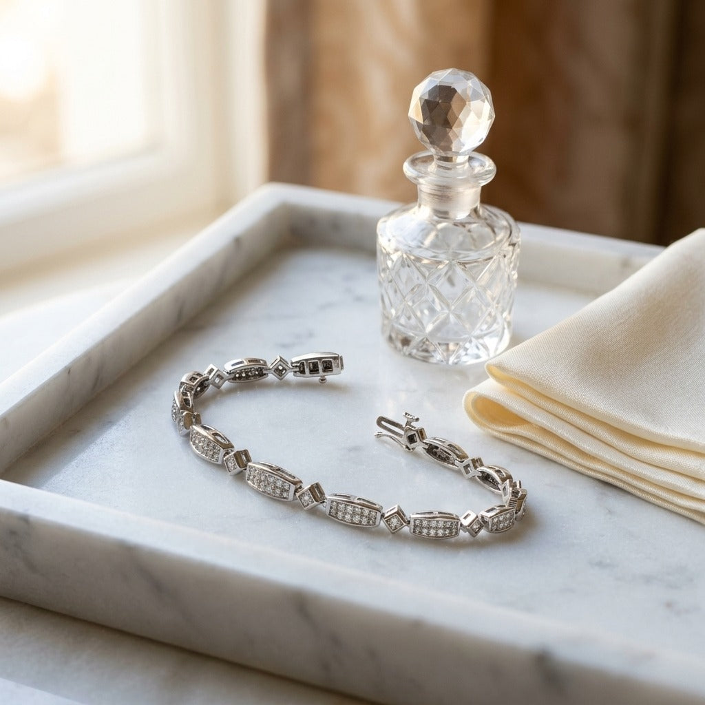 Diamond Princess Invisible-Set Bracelet with Round Bezel Links in 18k White Gold (3ctw) — marble silk