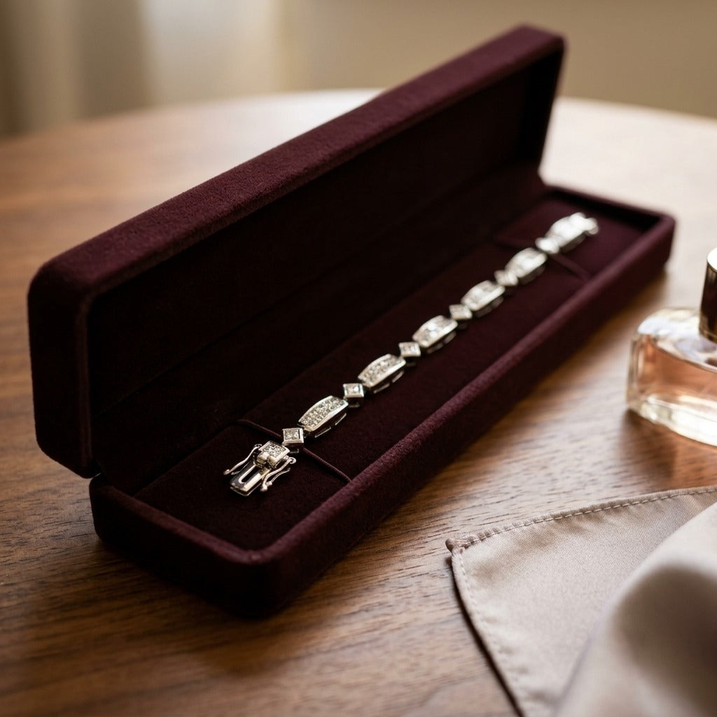 Diamond Princess Invisible-Set Bracelet with Round Bezel Links in 18k White Gold (3ctw) — velvet box