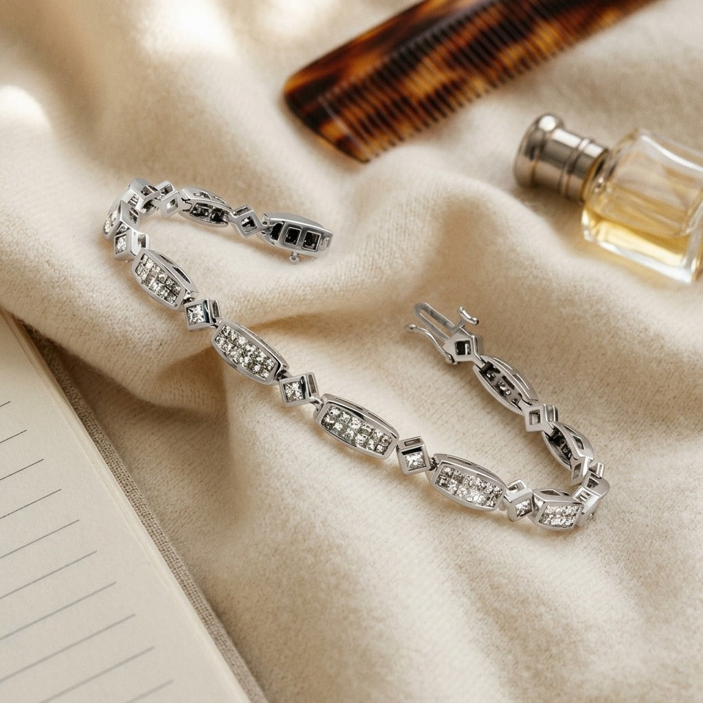 Diamond Princess Invisible-Set Bracelet with Square Bezel Links in 18k White Gold (3ctw) — textile flat lay