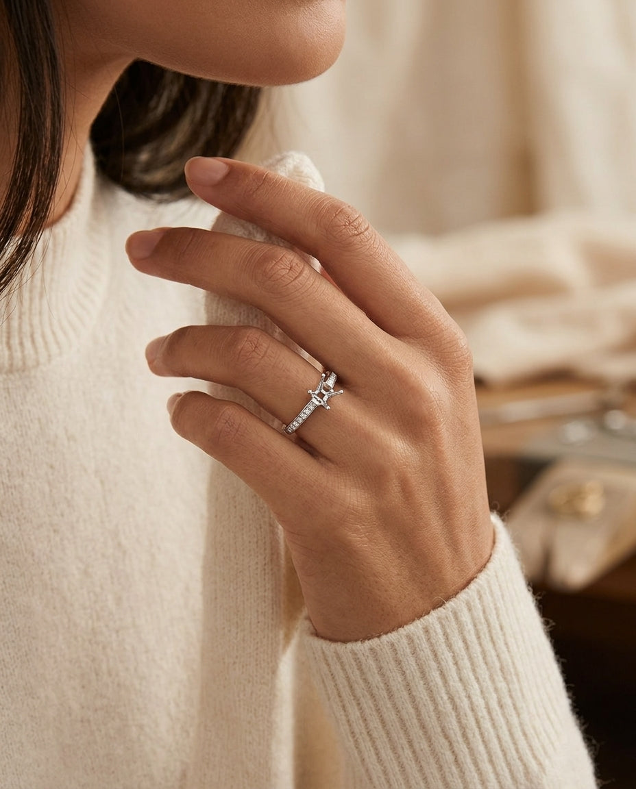 Diamond Pave-set Ring With 3/4 Ct Round Casted Head In 18k White Gold — editorial close-up
