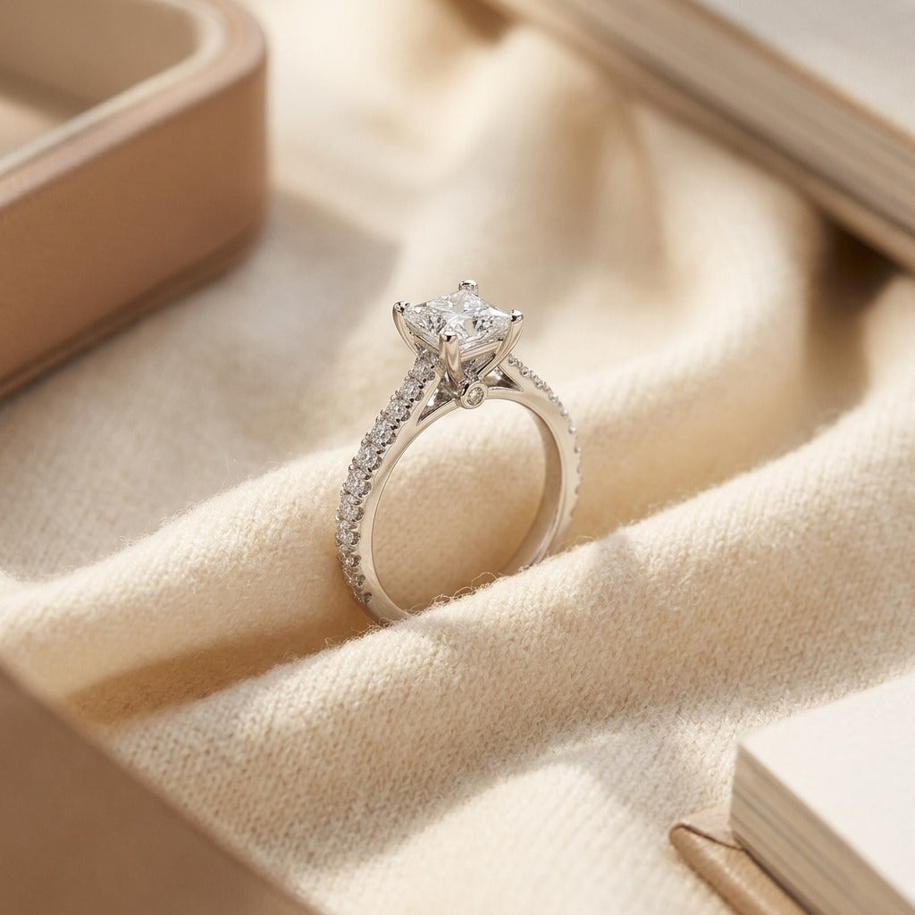 Cushion Cut Semi-Mounting with Bezel Gallery and Pave Shank in 18k White Gold (1ct Center) — textile flat lay