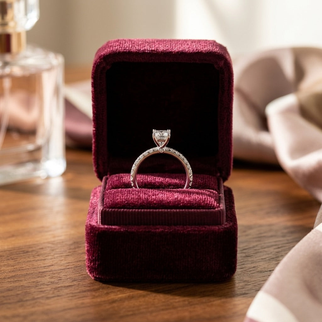 Cushion Cut Semi-Mounting with Bezel Gallery and Pave Shank in 18k White Gold (1ct Center) — velvet box