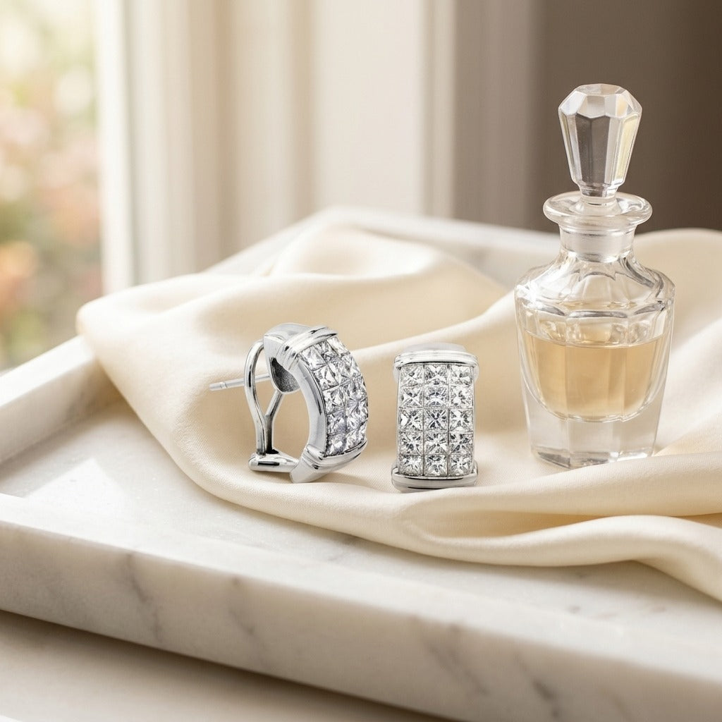 Invisible Set Diamond and Gold Omega Clip Earrings — marble silk