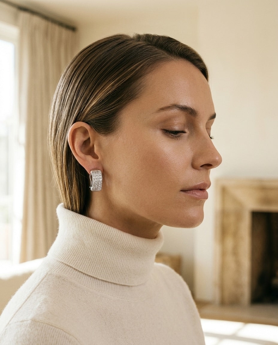 Invisible Set Diamond and Gold Omega Clip Earrings — portrait close
