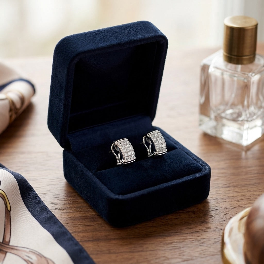 Invisible Set Diamond and Gold Omega Clip Earrings — velvet box