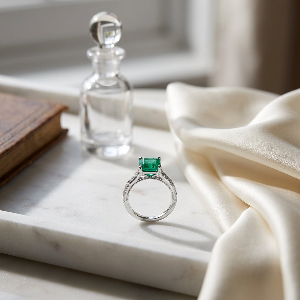 Emerald And Diamond Ring In 18k White Gold — atelier still life