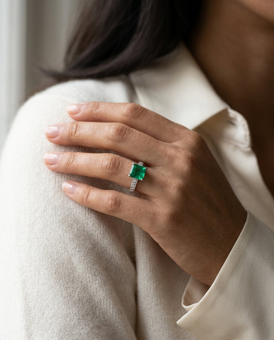 Emerald And Diamond Ring In 18k White Gold — editorial close-up