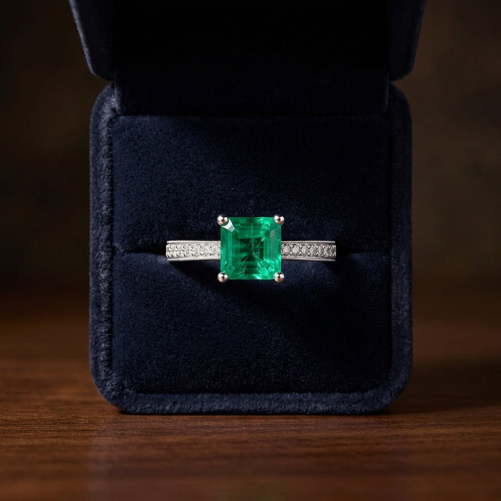 Emerald And Diamond Ring In 18k White Gold — gift presentation