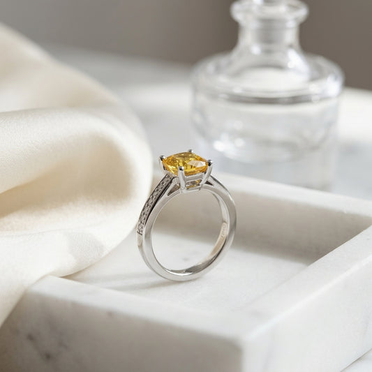 Yellow Sapphire And Diamond Ring In 18k White Gold — atelier still life
