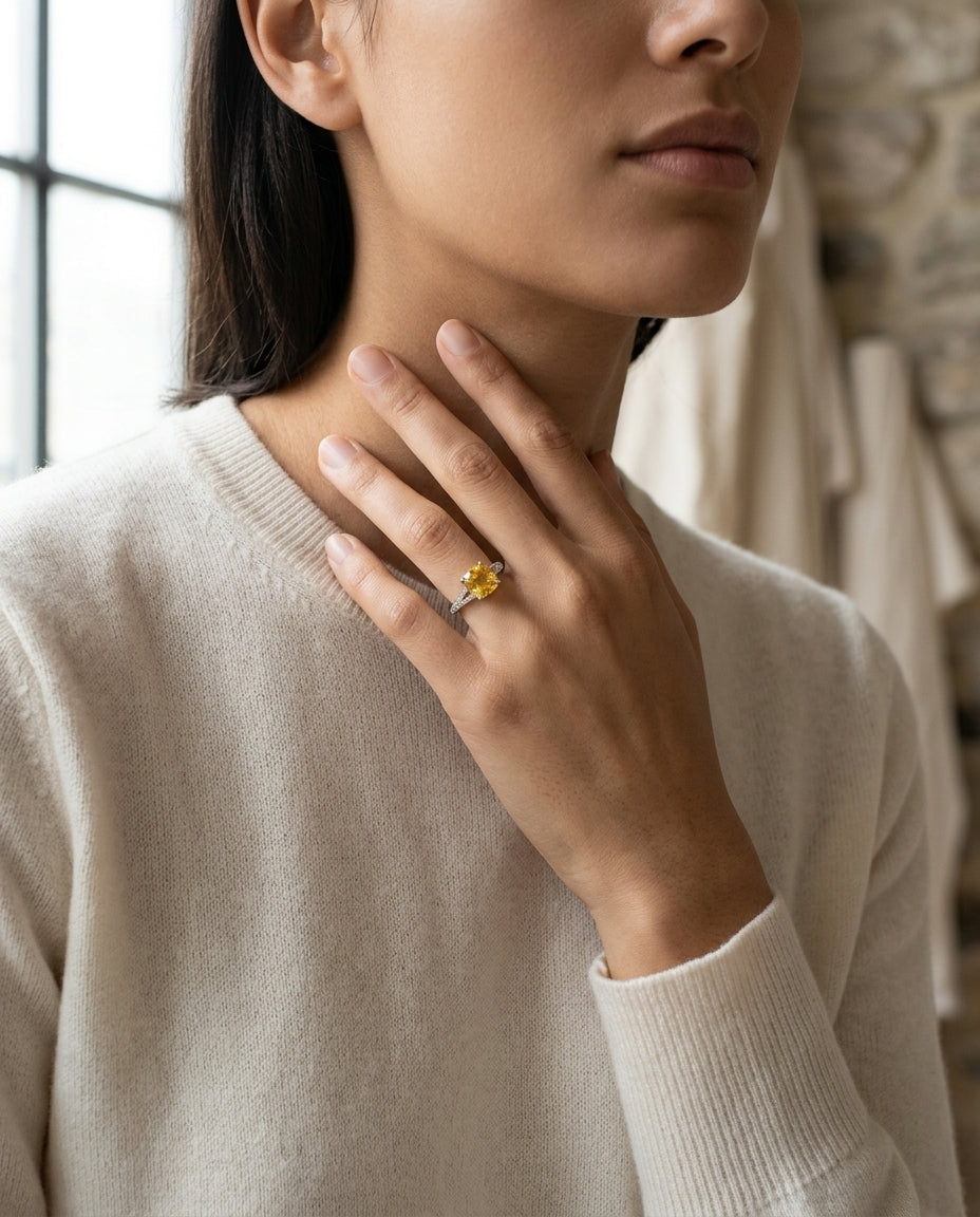 Yellow Sapphire And Diamond Ring In 18k White Gold — editorial close-up