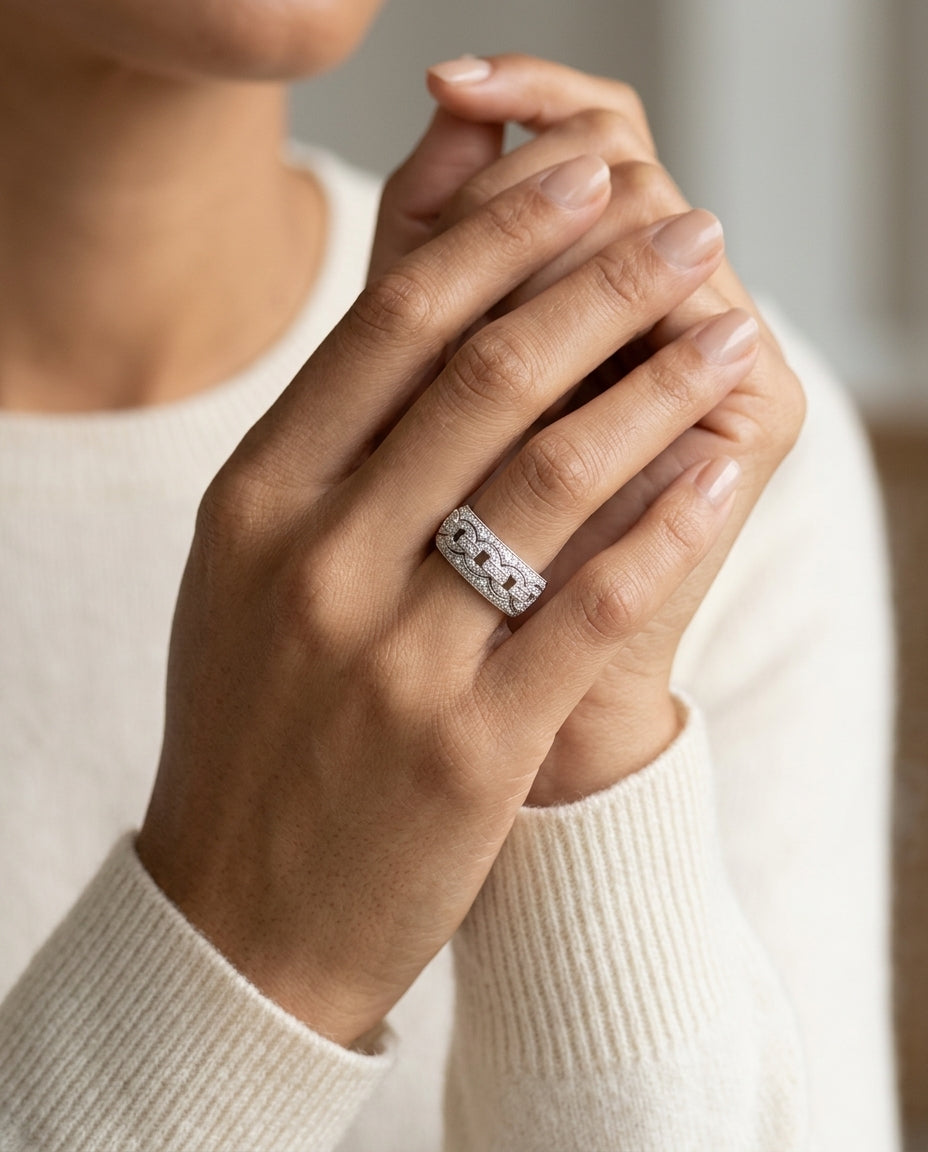 Diamond Pave Open Link Band In 18k White Gold — editorial close-up
