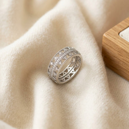 Open Geometric Weave Eternity Band In 18k White Gold (5/8 Ct. Tw.) — textile flat lay