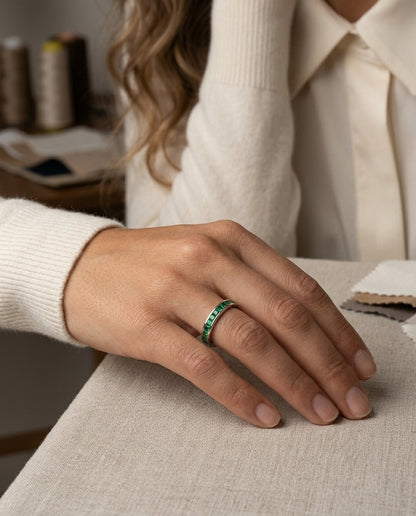 Green Tsavorite Eternity Band In 18k White Gold — editorial close-up