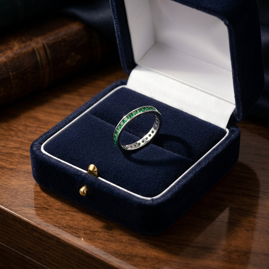 Green Tsavorite Eternity Band In 18k White Gold — gift presentation