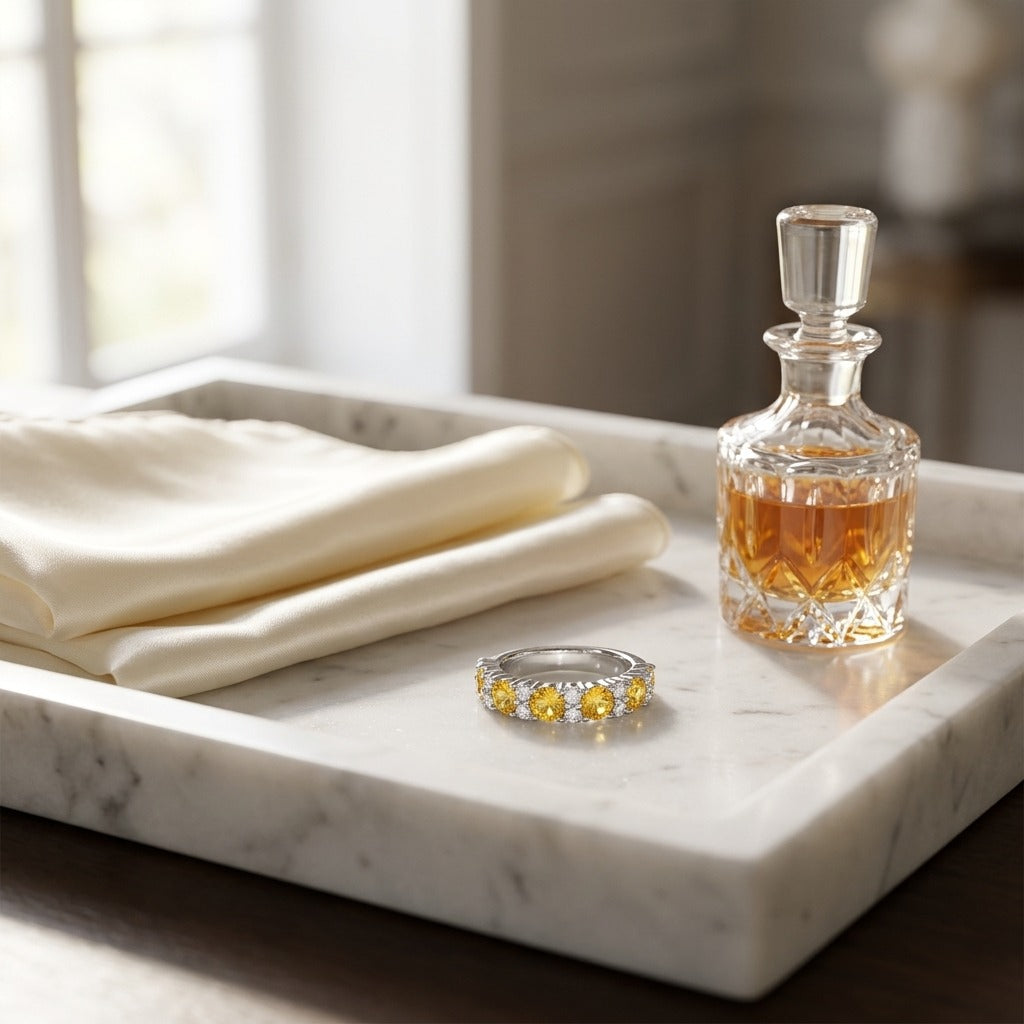 Yellow Sapphie And Diamond Band In 18k White Gold — marble silk