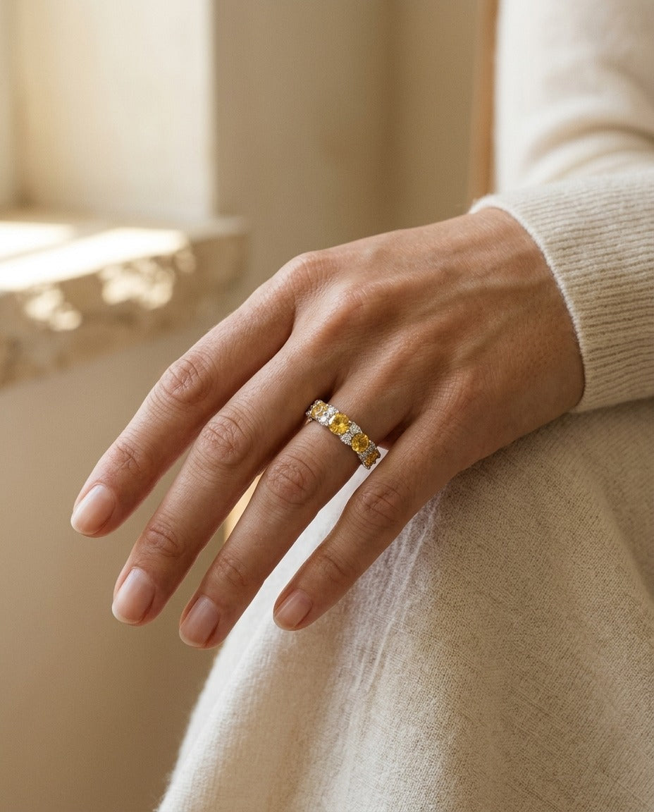 Yellow Sapphie And Diamond Band In 18k White Gold — portrait close