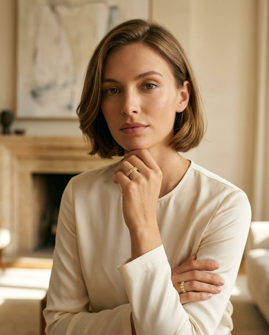 Yellow Sapphie And Diamond Band In 18k White Gold — portrait full