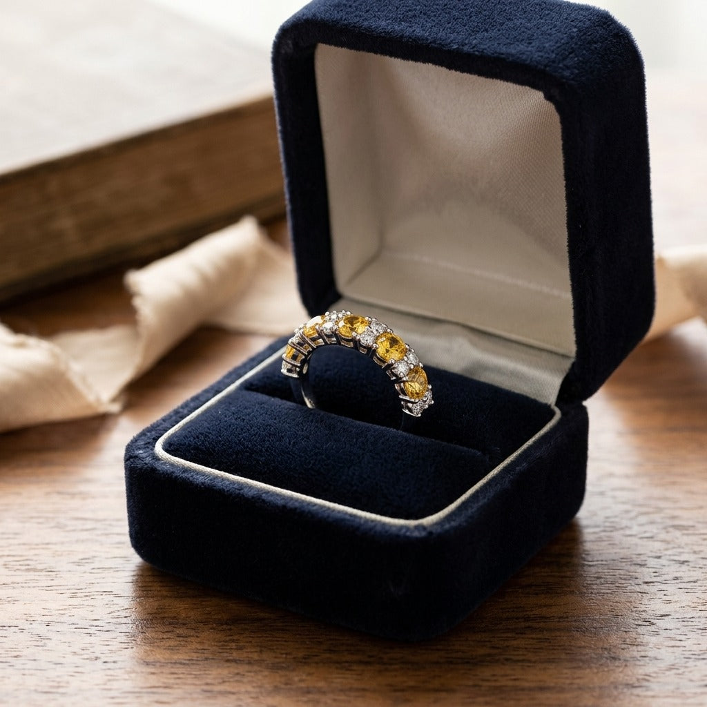 Yellow Sapphie And Diamond Band In 18k White Gold — velvet box
