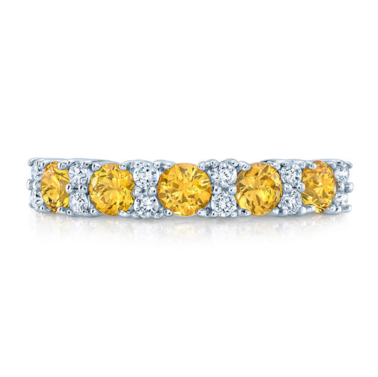 Yellow Sapphie And Diamond Band In 18k White Gold