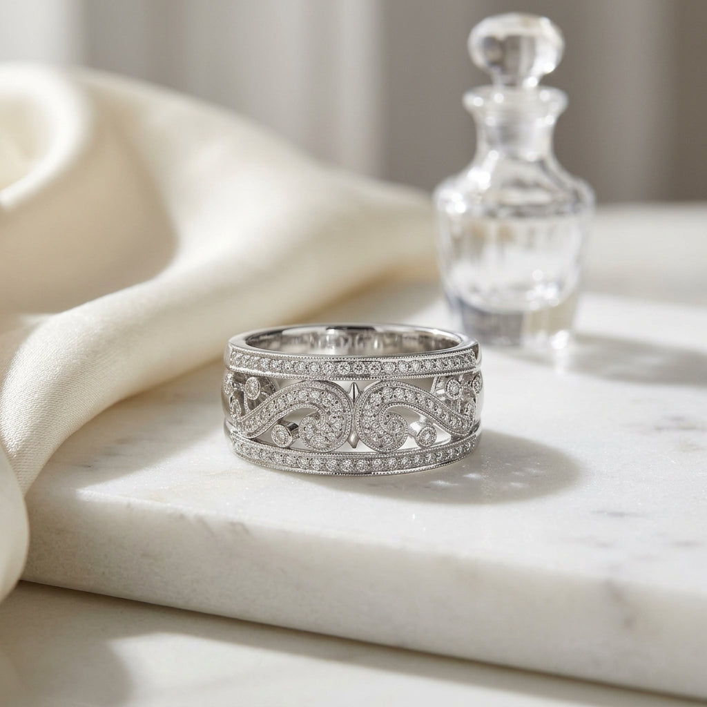 Diamond Paisley Pattern Band With Milgrain In 18k White Gold — atelier still life