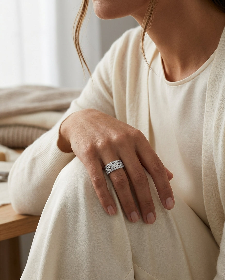 Diamond Paisley Pattern Band With Milgrain In 18k White Gold — editorial close-up