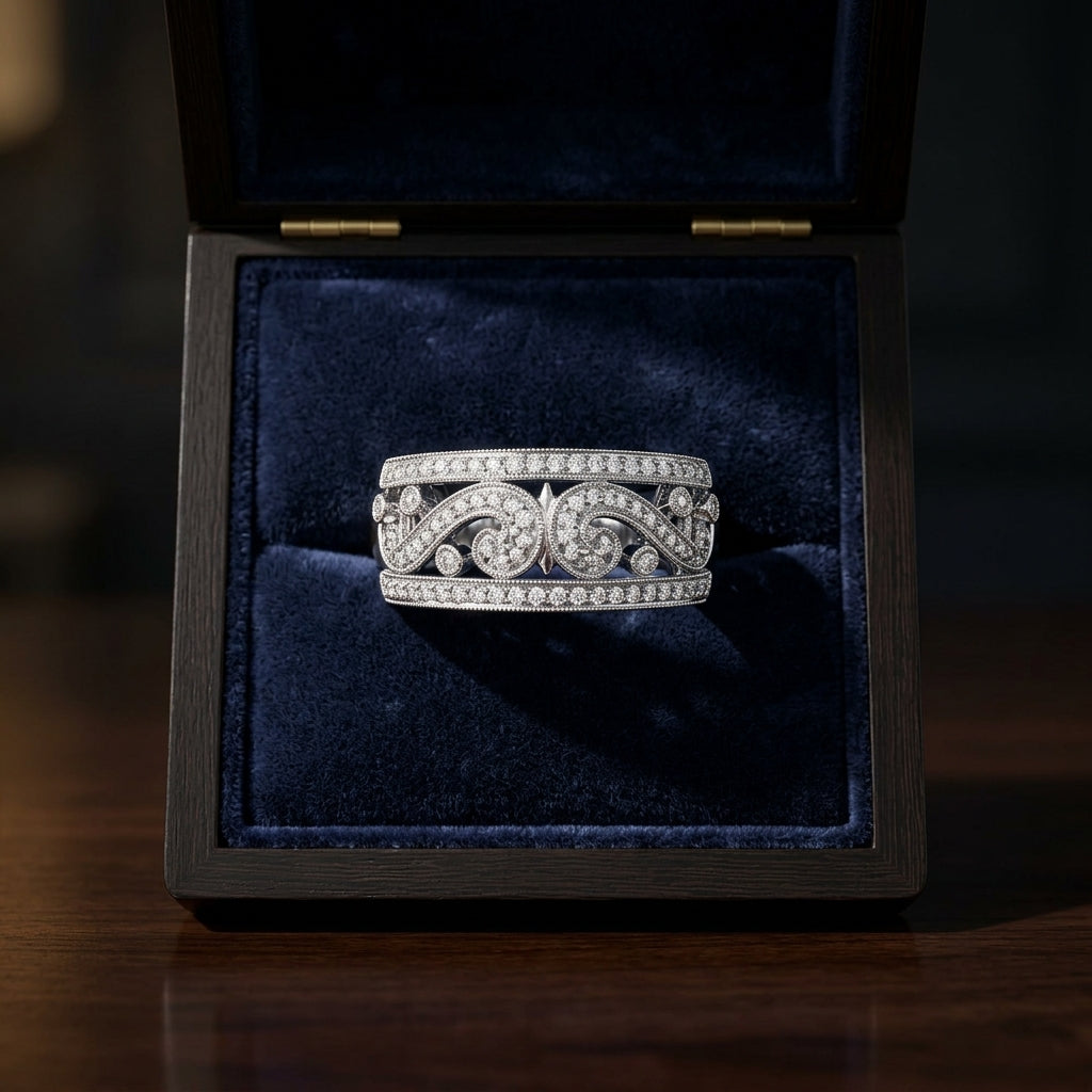 Diamond Paisley Pattern Band With Milgrain In 18k White Gold — gift presentation
