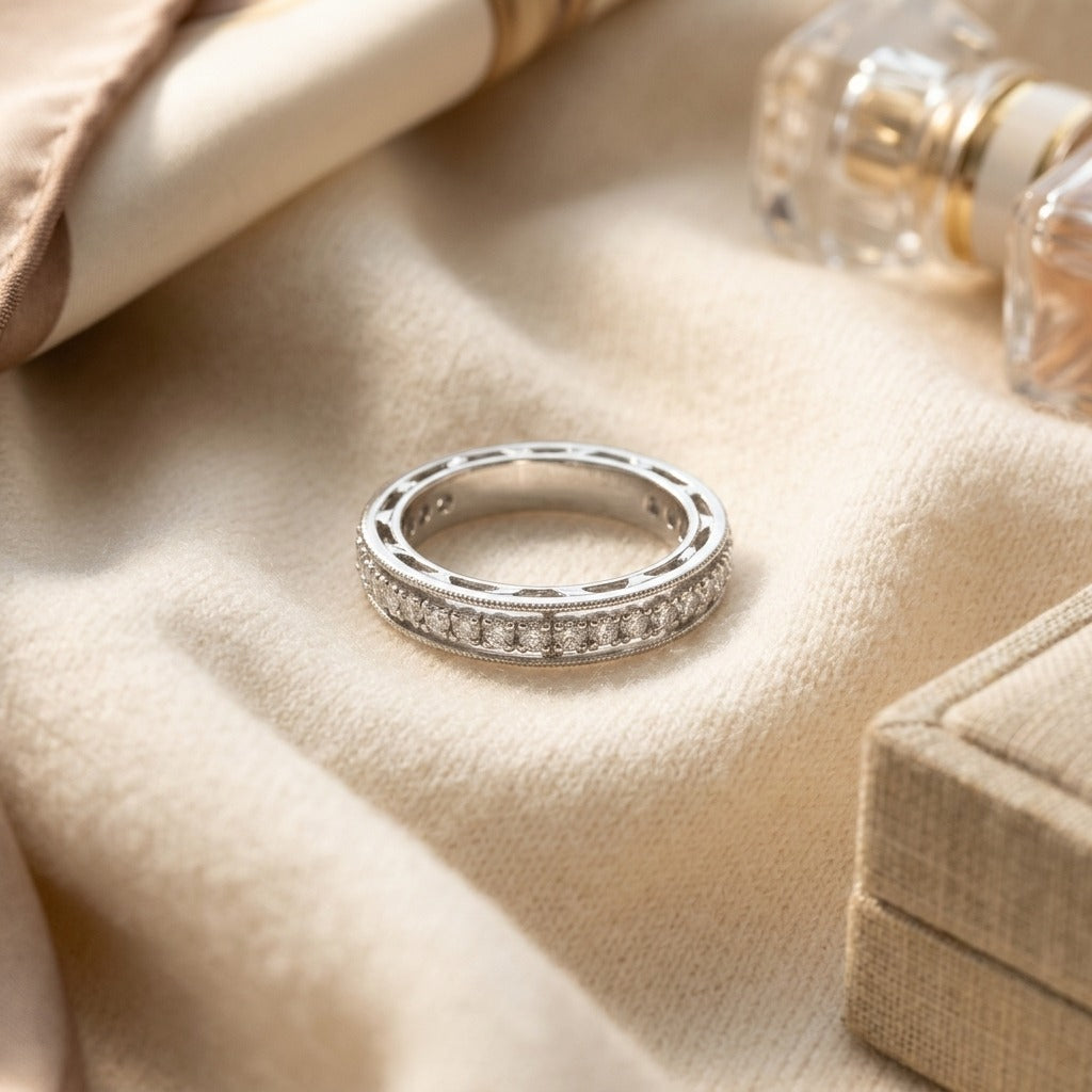 Pave Diamond Band in 18k White Gold (1/2 Ct. Tw.) — textile flat lay