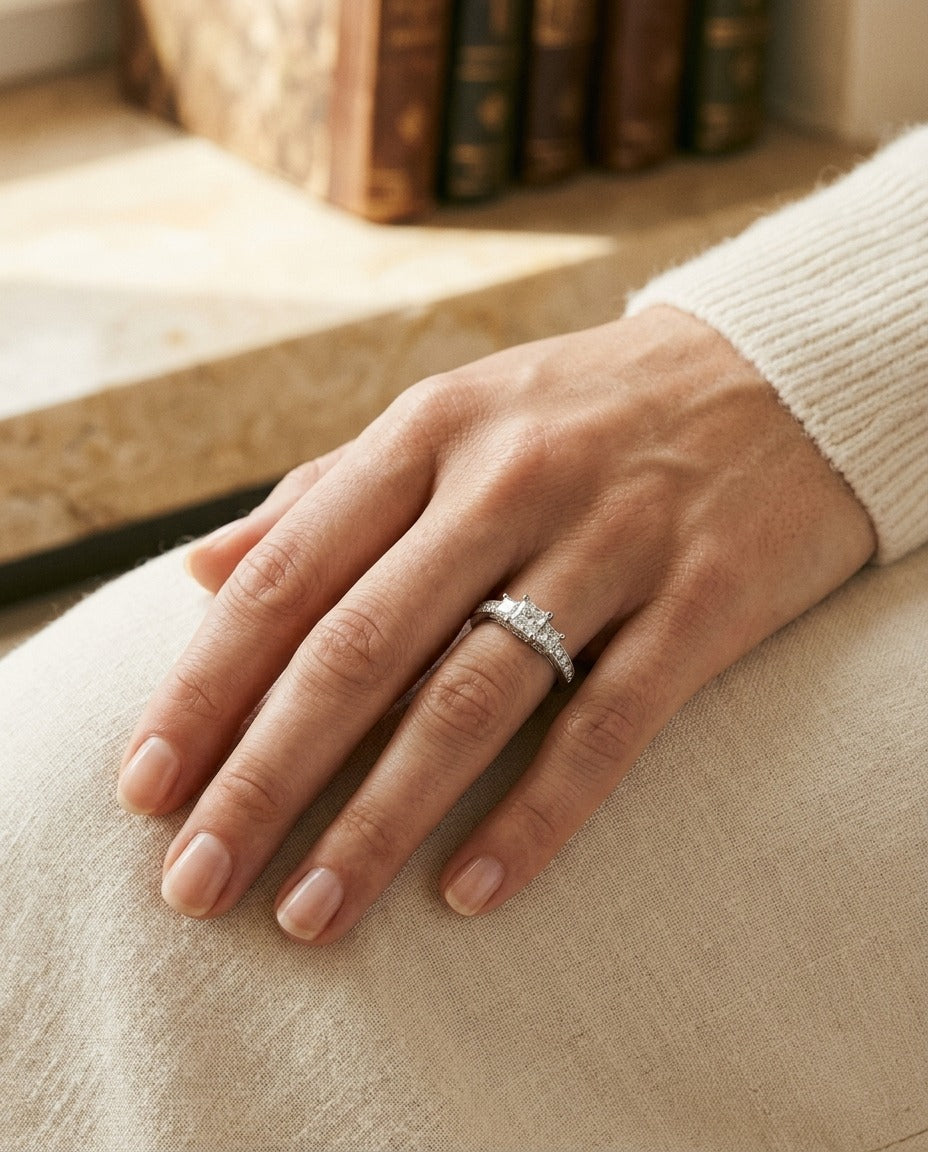 Princess Cut Diamond Three Stone Ring In 18k White Gold — portrait close