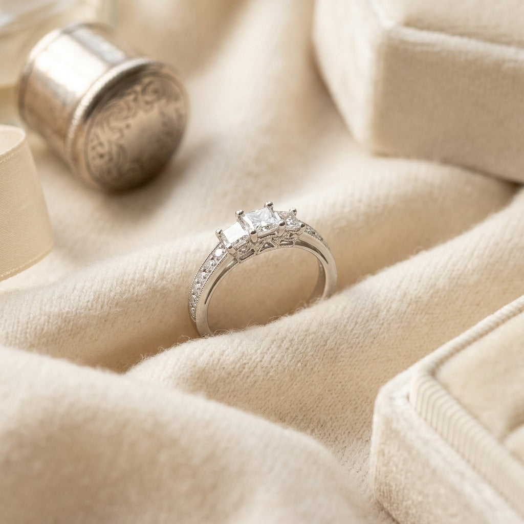 Princess Cut Diamond Three Stone Ring In 18k White Gold — textile flat lay