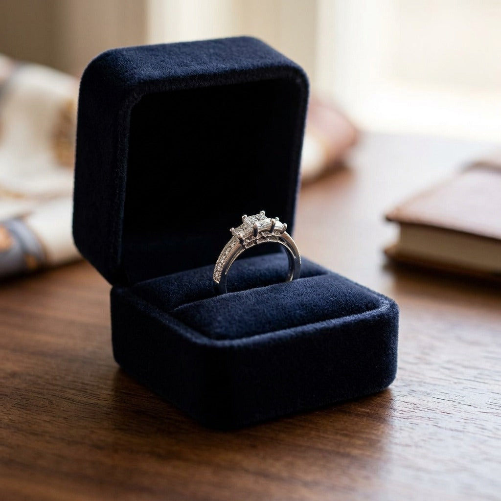 Princess Cut Diamond Three Stone Ring In 18k White Gold — velvet box