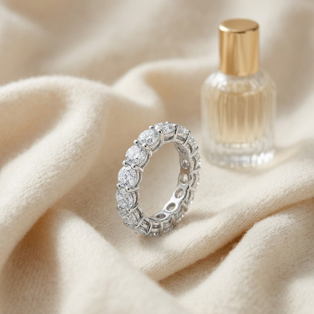 Diamond 4-1/4ctw Eternity Ring In 18k White Gold — textile flat lay