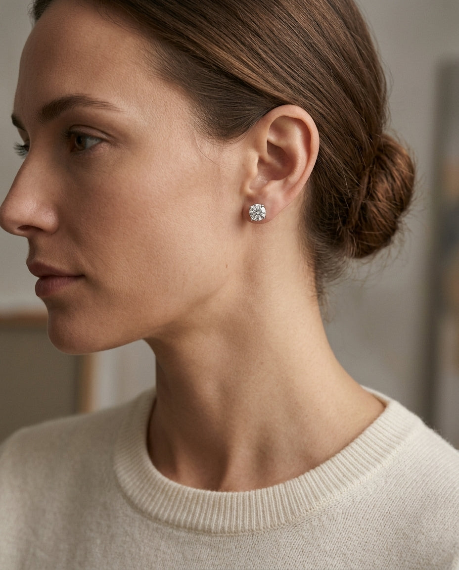 Diamond Round 4-Prong Stud Earrings with Screwbacks in 18K White Gold - lifestyle