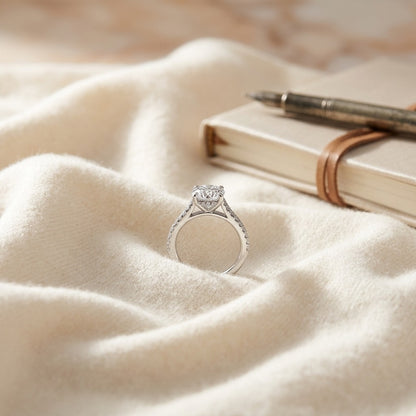 Diamond Wedding Set Semi Mount with 2ct Round Cz Center in 18k White Gold (1ctw) — textile flat lay