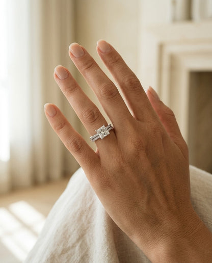 Diamond Wedding Set with 7mm Cz Center in 18k White Gold (1.00 Ct.tw.) — portrait close