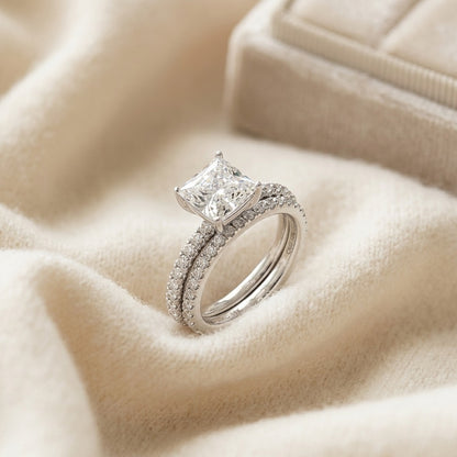 Diamond Wedding Set with 7mm Cz Center in 18k White Gold (1.00 Ct.tw.) — textile flat lay